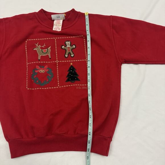 Vintage 90s Christmas Sweatshirt Size S Youth Crewneck Patches Tree Reindeer Red - Picture 5 of 7